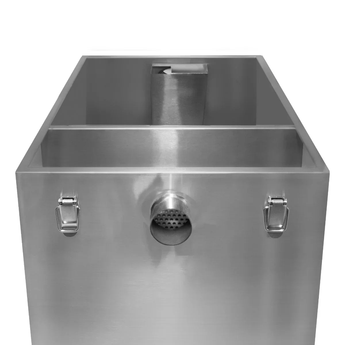 Stainless steel KuKoo grease trap with a 120-litre capacity, featuring a central drain and sturdy side handles for easy transport