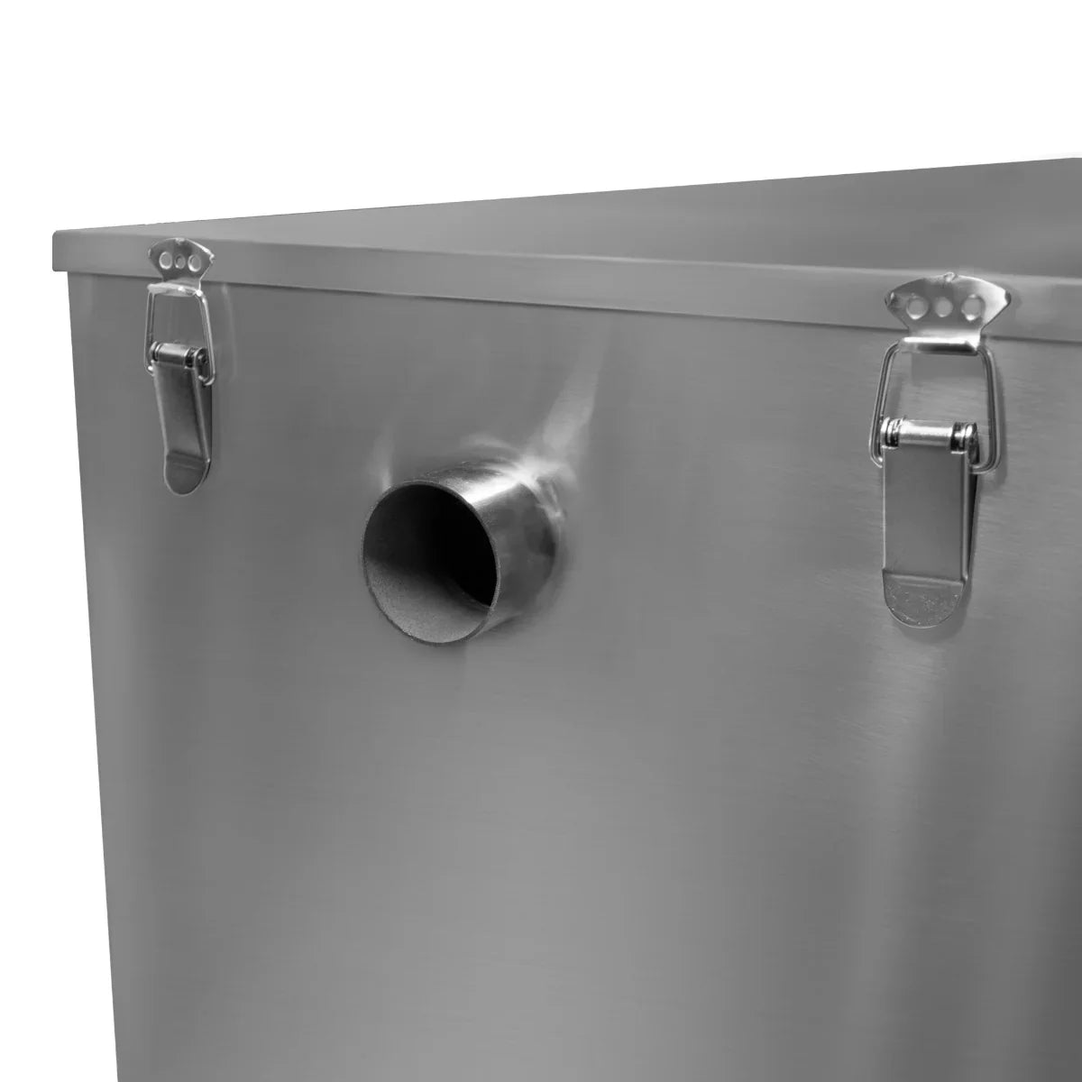 Stainless steel KuKoo grease trap with a polished finish, featuring a round outlet and secure latch closures for easy access