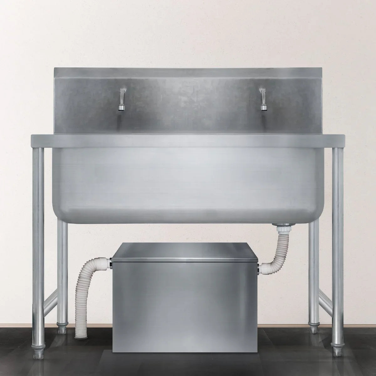 Stainless steel KuKoo grease trap with a 120-litre capacity, featuring two faucets and a sleek, modern design for efficient waste management