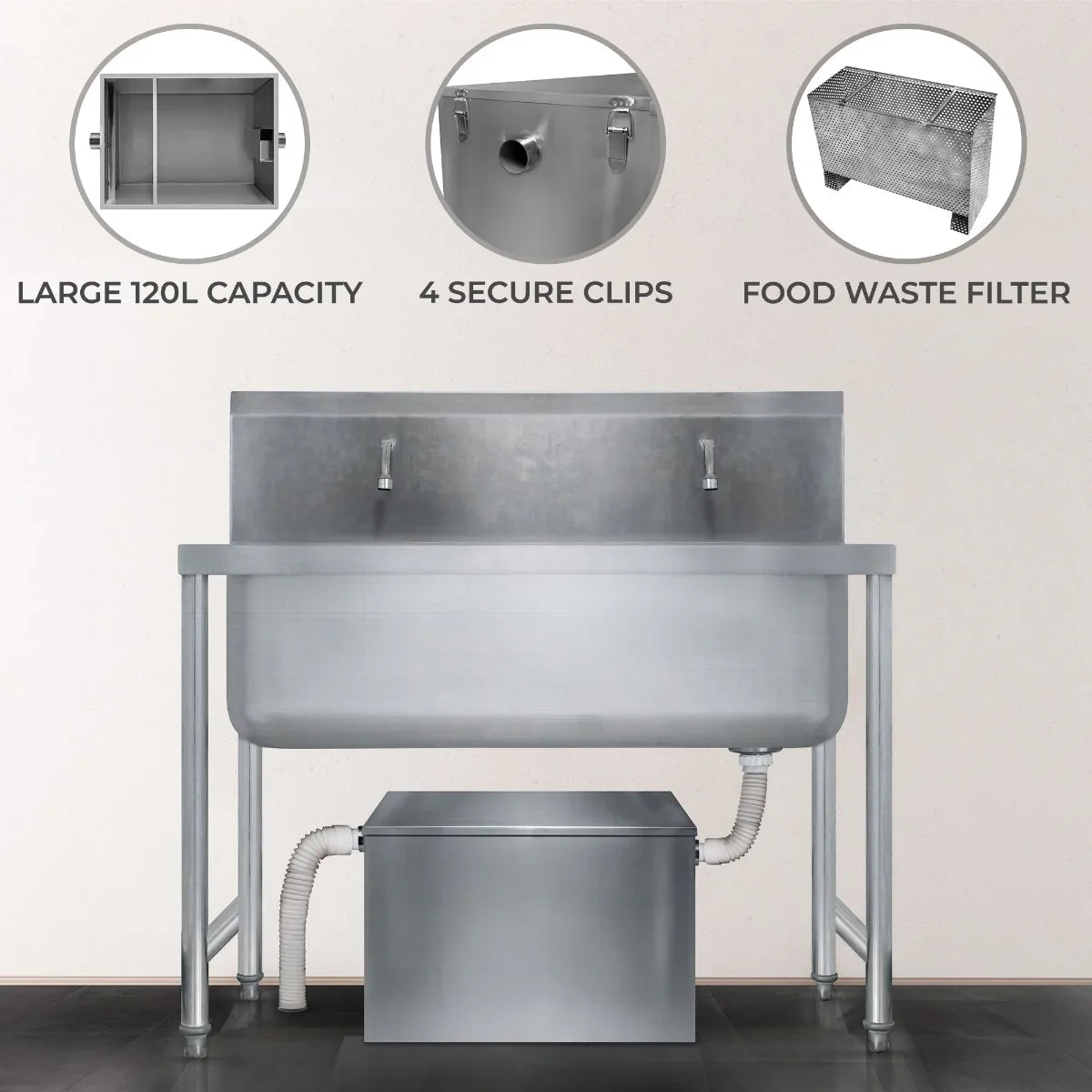 KuKoo 120-litre grease trap with stainless steel finish, featuring secure clips, food waste filter, and drainage system