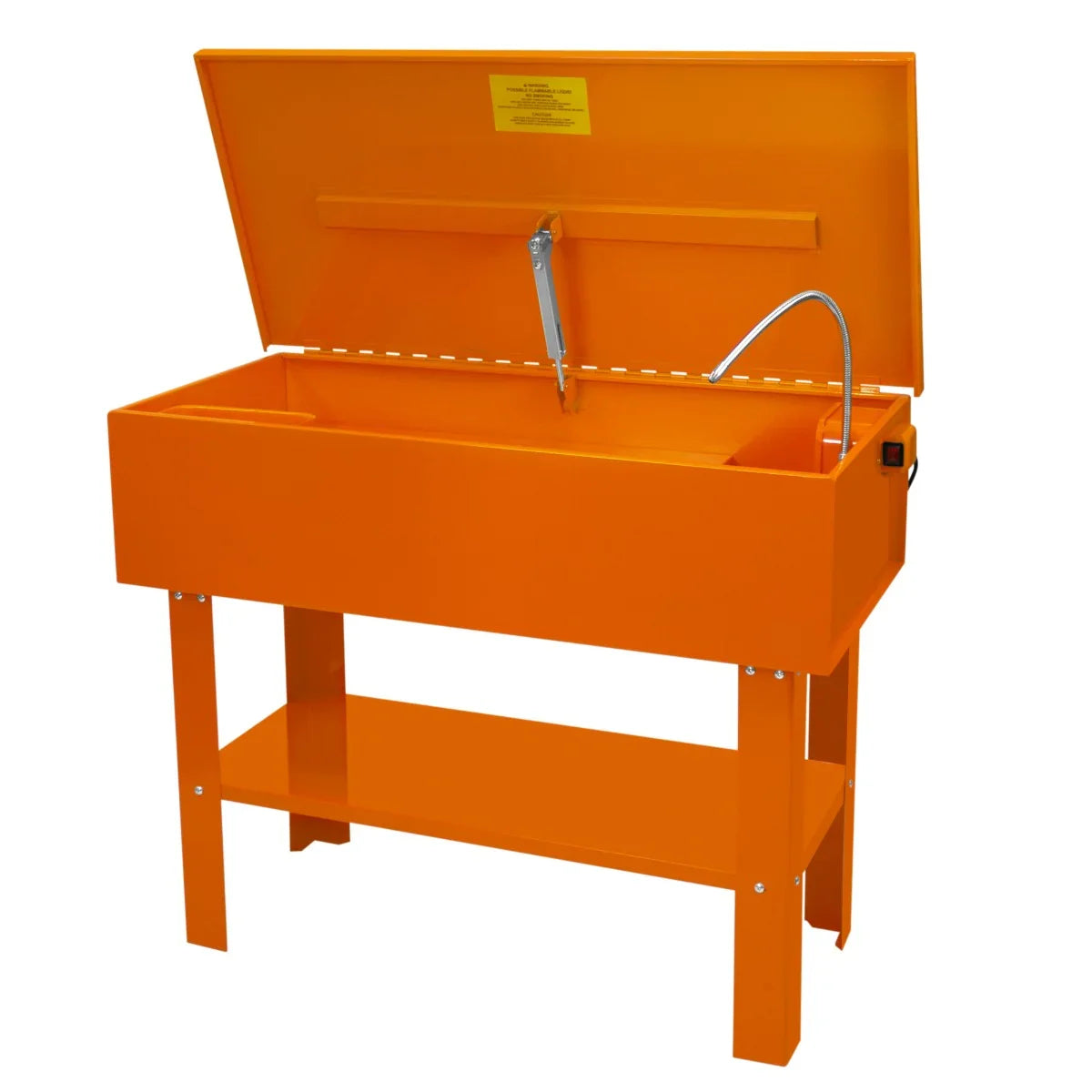 40-gallon parts washer with a bright orange finish, featuring a hinged lid, faucet, and sturdy metal frame for durability