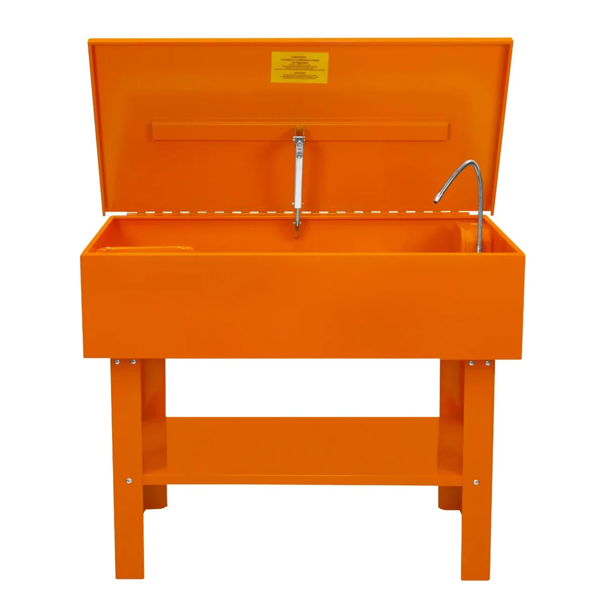 40-gallon parts washer with a bright orange finish, featuring a hinged lid, faucet, and sturdy stand for efficient cleaning tasks