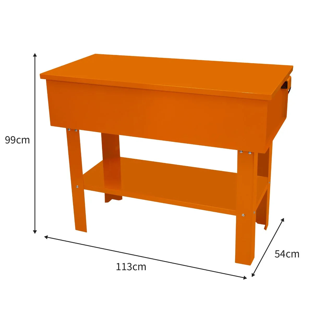 40-gallon parts washer in bright orange, featuring a sturdy metal design, a top lid, and a lower shelf for storage, measuring 113cm x 54cm x 99cm