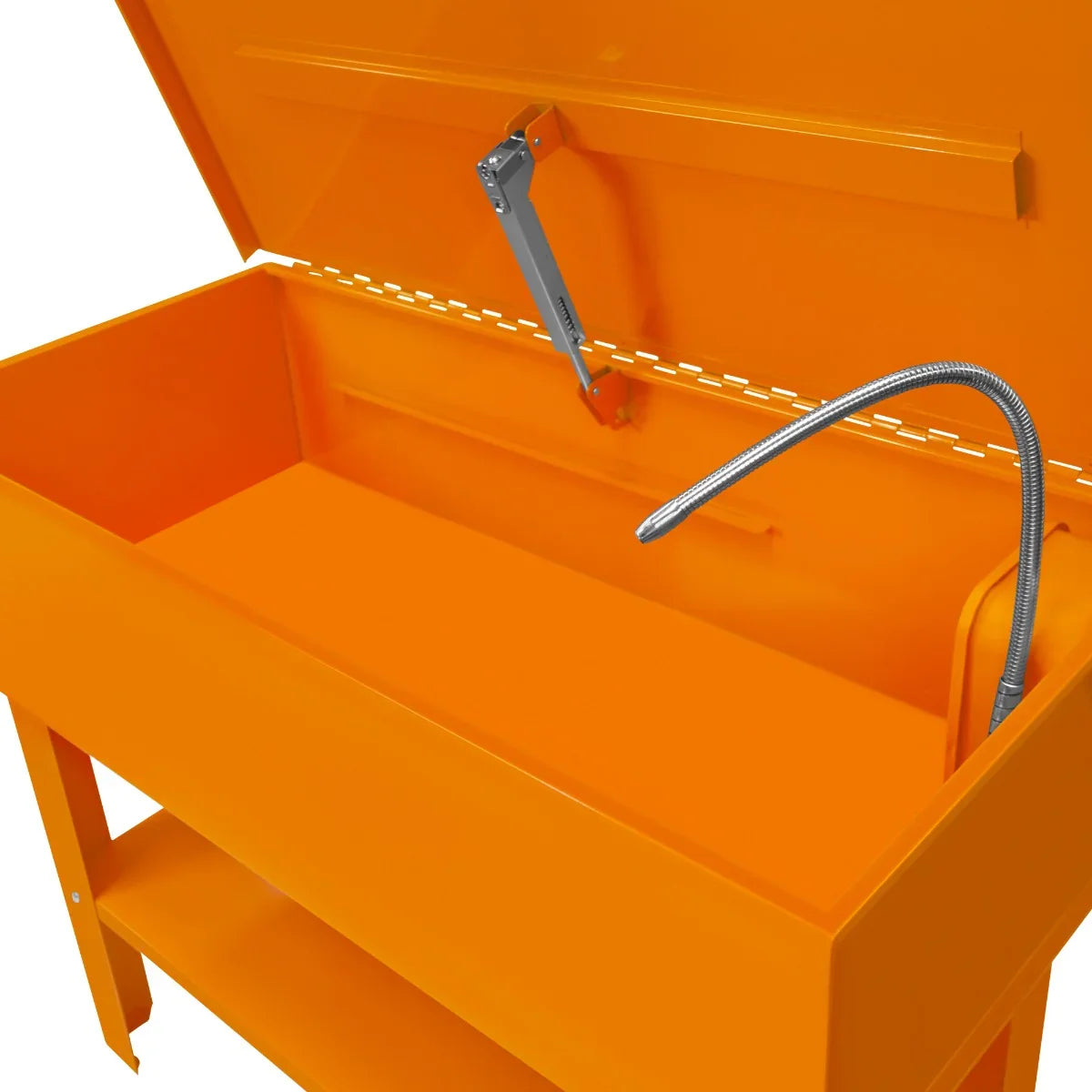 Bright orange 40-gallon parts washer with a hinged lid, flexible hose, and sturdy metal construction for efficient cleaning