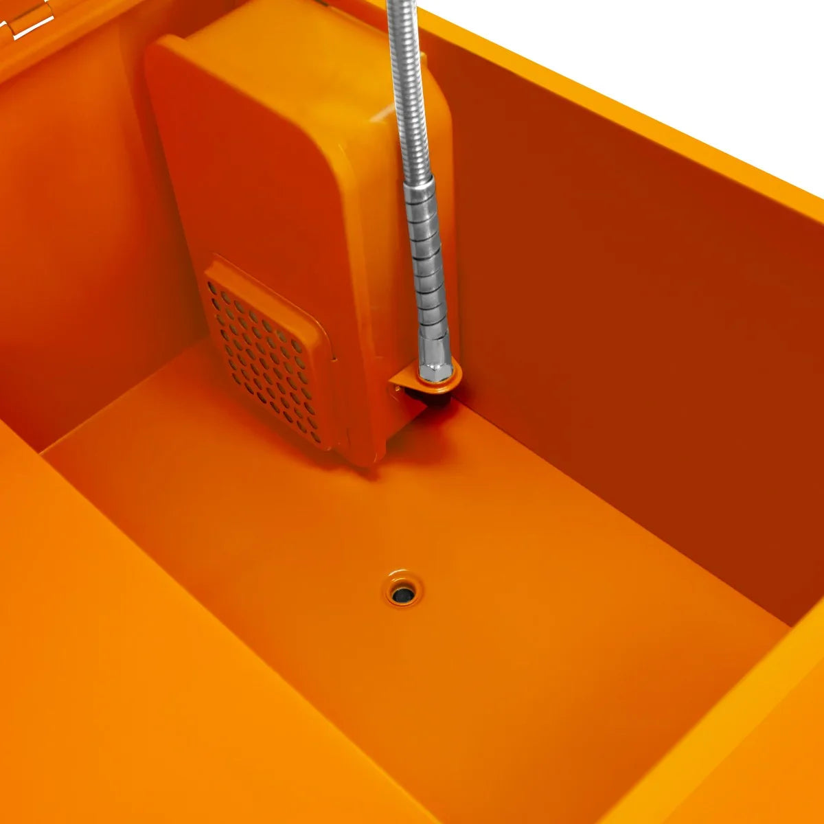 Bright orange 40-gallon parts washer featuring a durable tank, drain plug, and flexible hose for efficient cleaning and maintenance