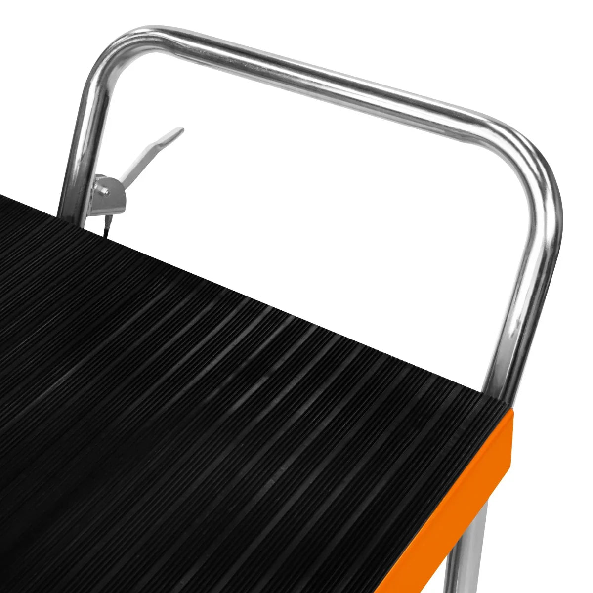 Hydraulic table lift with a sturdy black textured surface, orange trim, and a chrome handle for easy maneuverability and control
