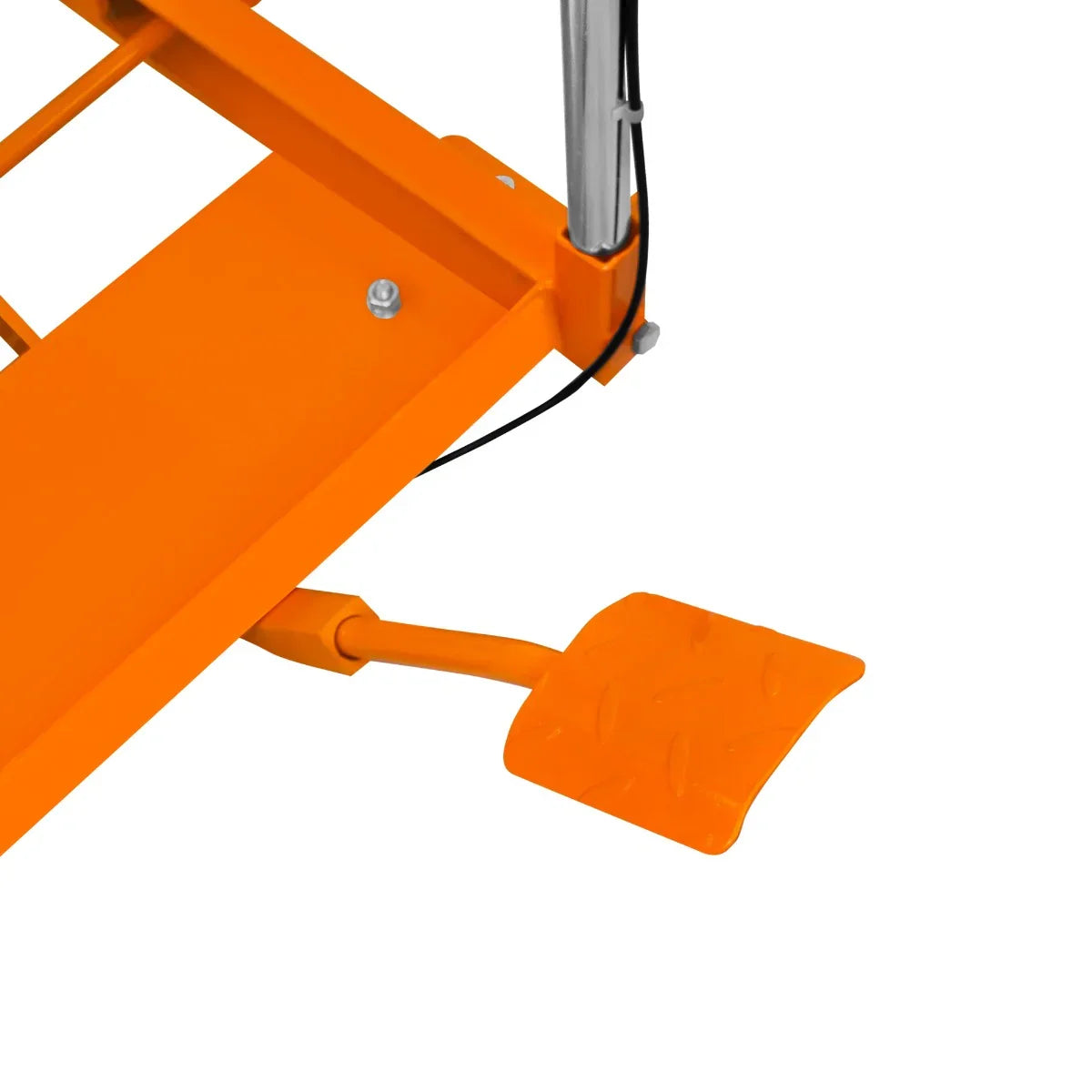 Bright orange hydraulic table lift with a textured foot pedal for easy height adjustment, showcasing sturdy metal construction and practical design
