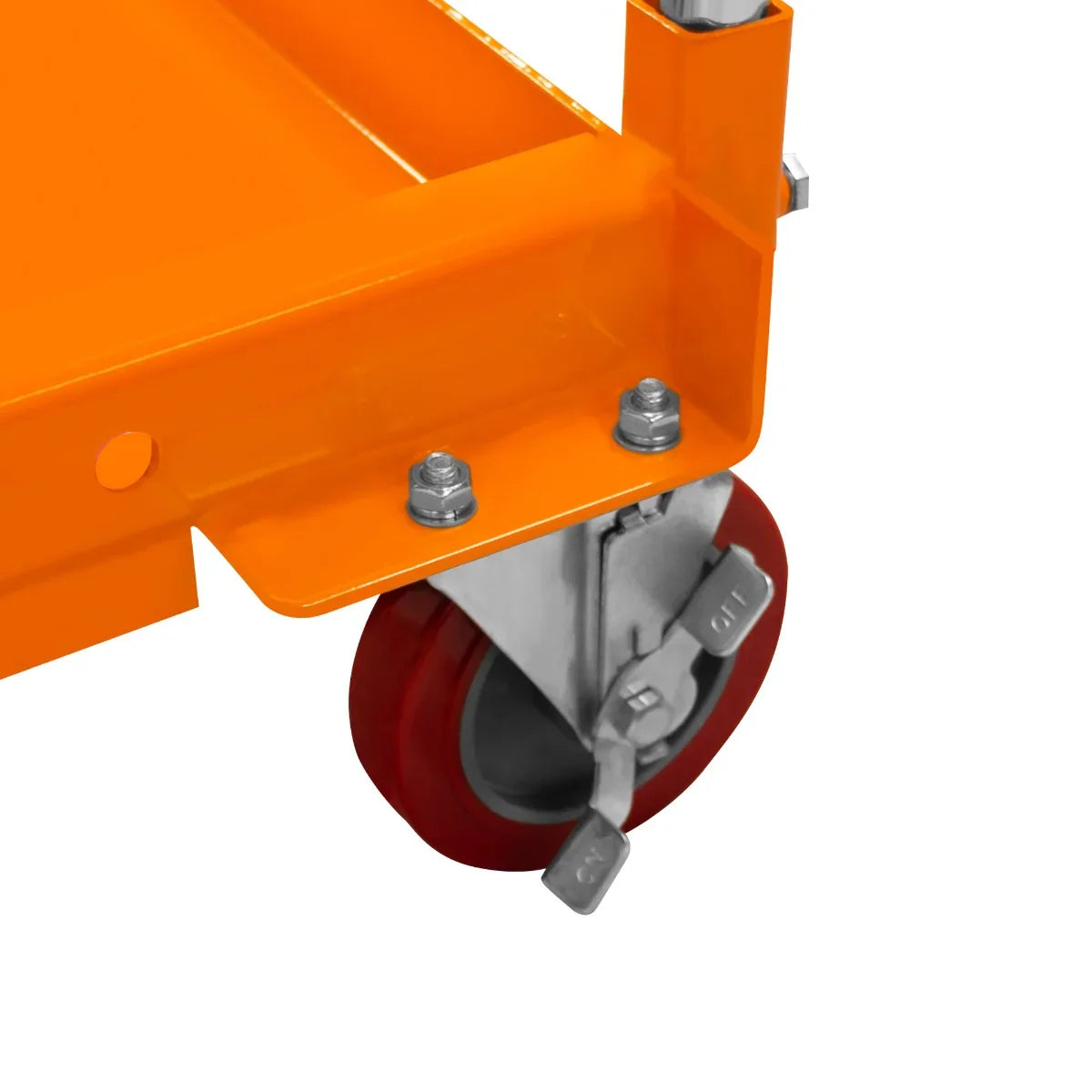 Bright orange hydraulic table lift with sturdy metal frame, featuring red rubber wheels for easy mobility and secure locking mechanism