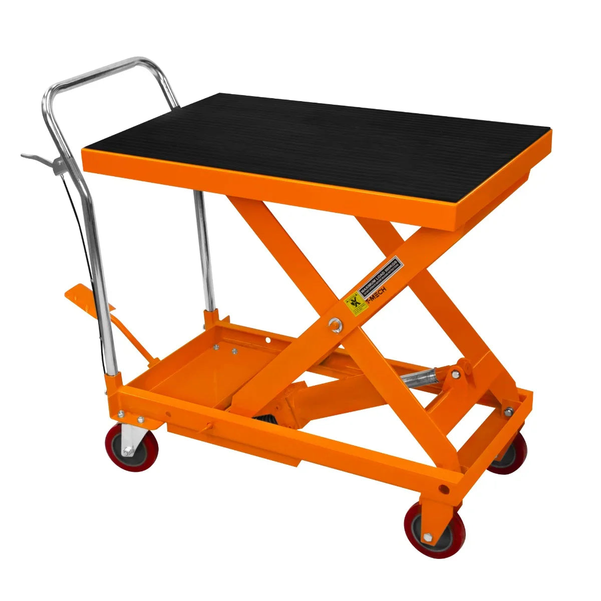 Hydraulic table lift with a black rubber top, bright orange frame, and sturdy wheels for easy mobility and height adjustment