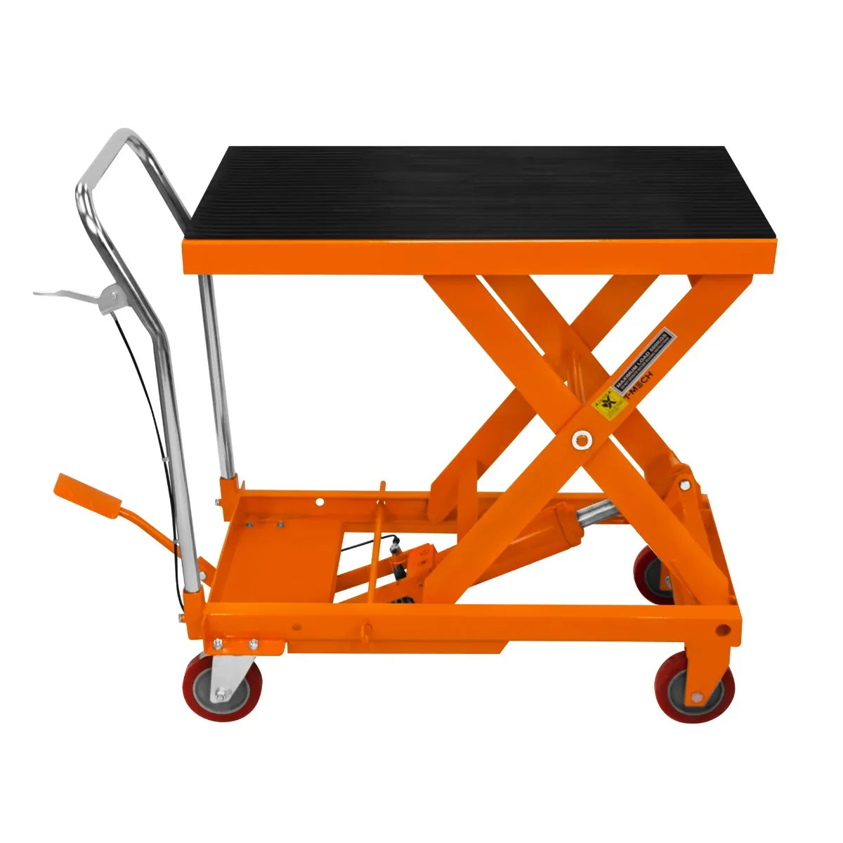 Hydraulic table lift with a black textured surface, bright orange frame, and sturdy wheels for easy mobility and height adjustment