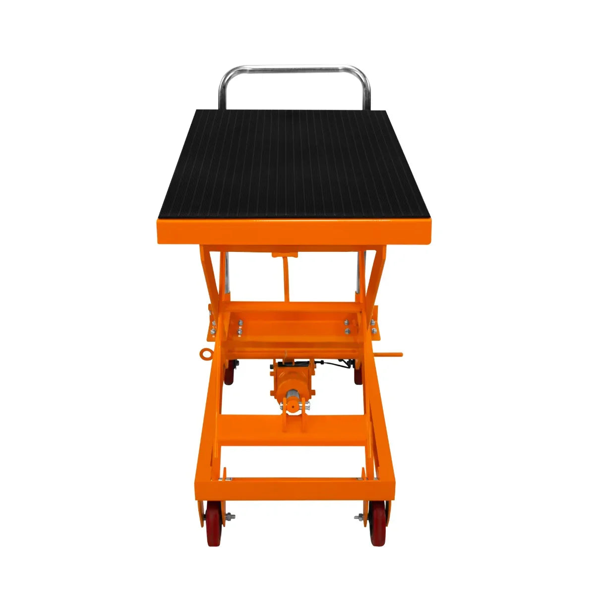 Hydraulic table lift with a sturdy black rubber surface, bright orange frame, and smooth-rolling red wheels for easy mobility