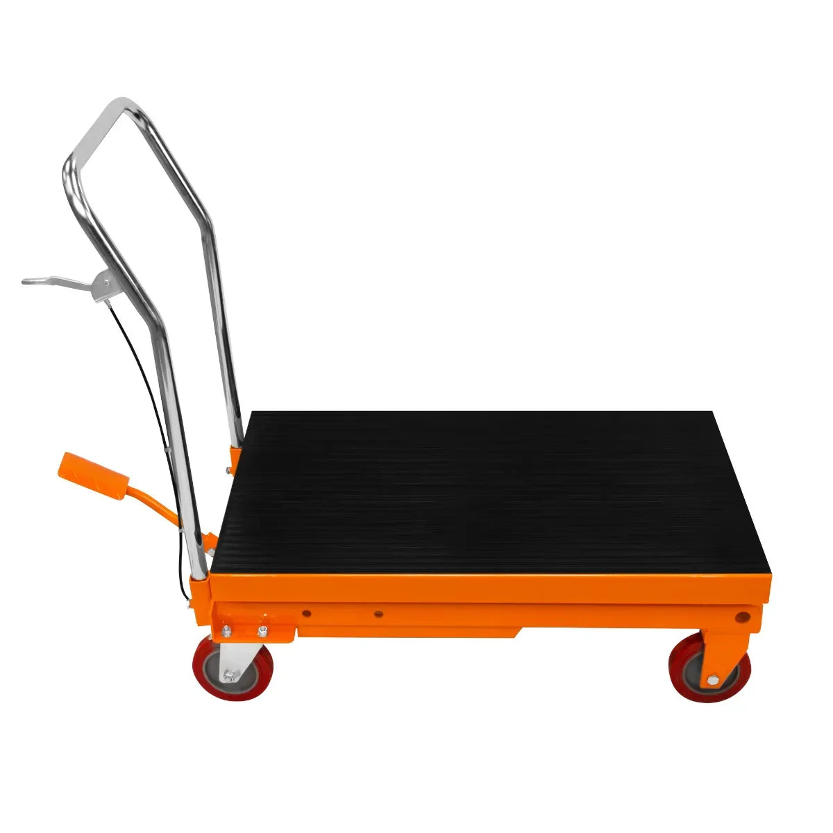 Hydraulic table lift with a sturdy black platform, bright orange frame, and chrome handle, featuring red wheels for easy mobility