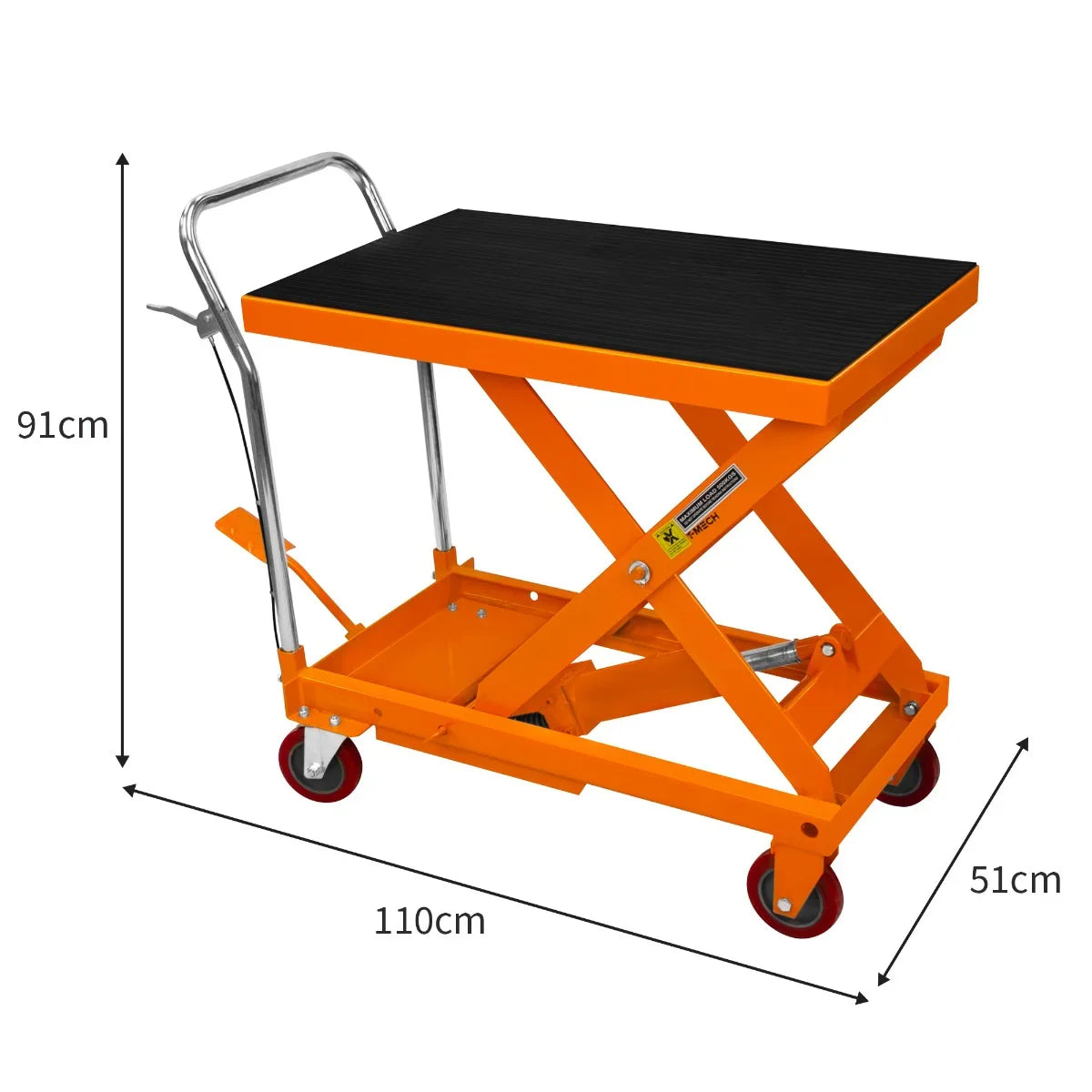 Hydraulic table lift with a black textured top, orange frame, and sturdy wheels, measuring 110cm x 51cm x 91cm for versatile use