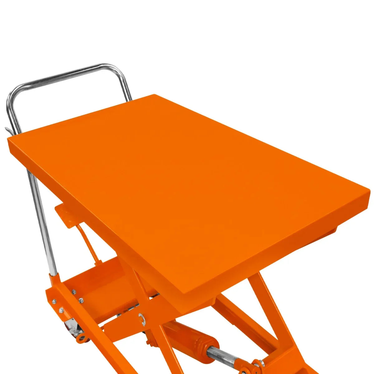 Bright orange hydraulic table lift with a sturdy flat surface and metal handle, designed for easy lifting and maneuverability