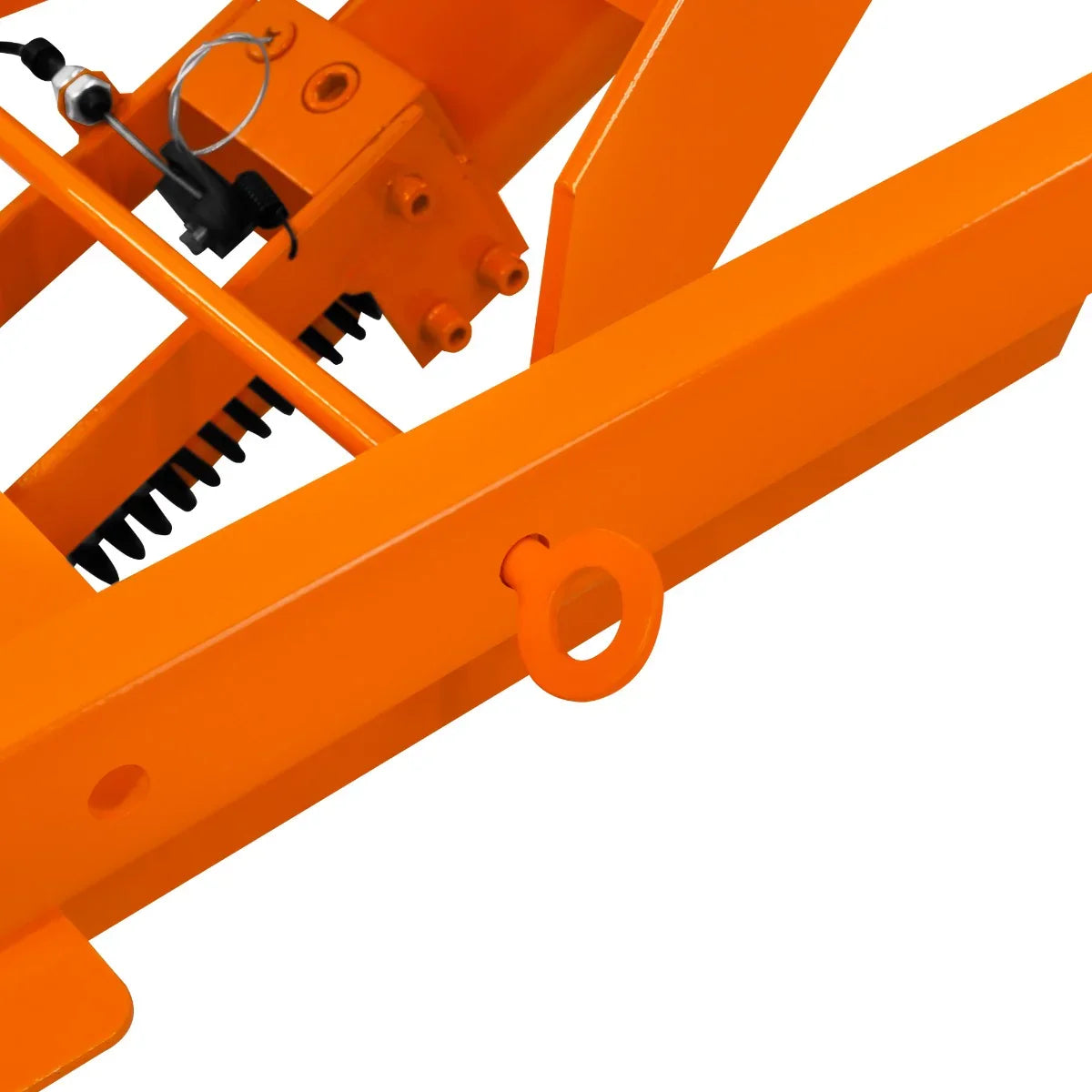 Hydraulic table lift in bright orange, showcasing the sturdy metal frame, lifting mechanism, and safety features for easy operation