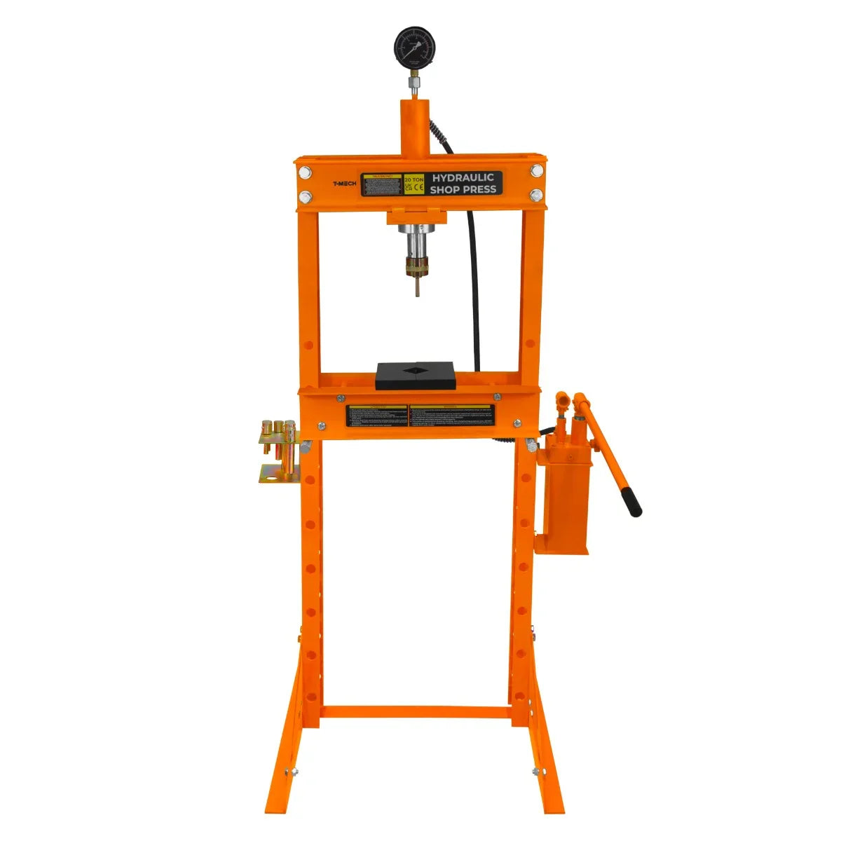 Hydraulic shop press with gauge, 20 tonne capacity, featuring a sturdy orange frame, adjustable pressure gauge, and flat pressing plate