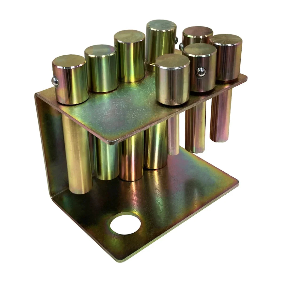 Hydraulic shop press with gauge featuring a sturdy metal frame, multiple cylindrical weights, and a colorful, reflective finish