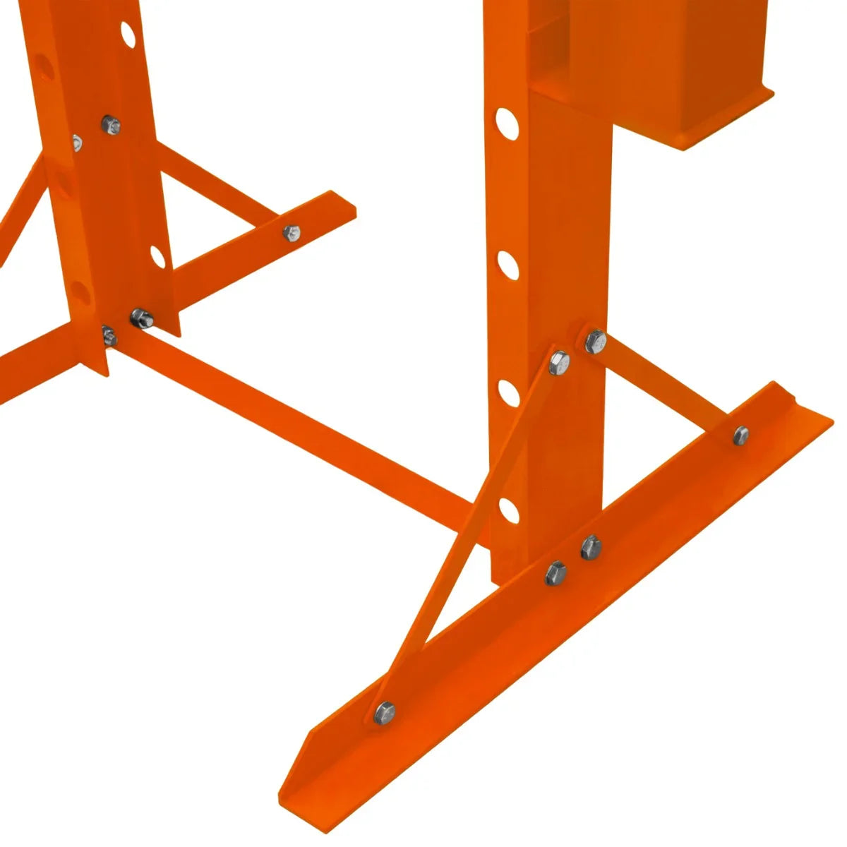 Sturdy orange hydraulic shop press base with reinforced triangular support, showcasing durable metal construction and gauge attachment
