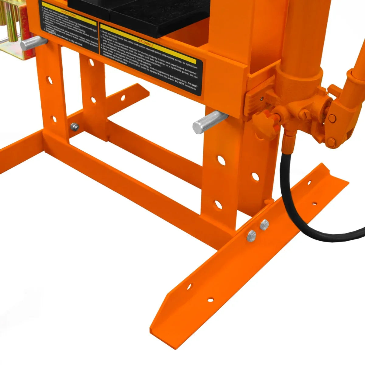 Hydraulic shop press with gauge featuring a sturdy orange steel frame, adjustable pressure gauge, and reinforced base for stability