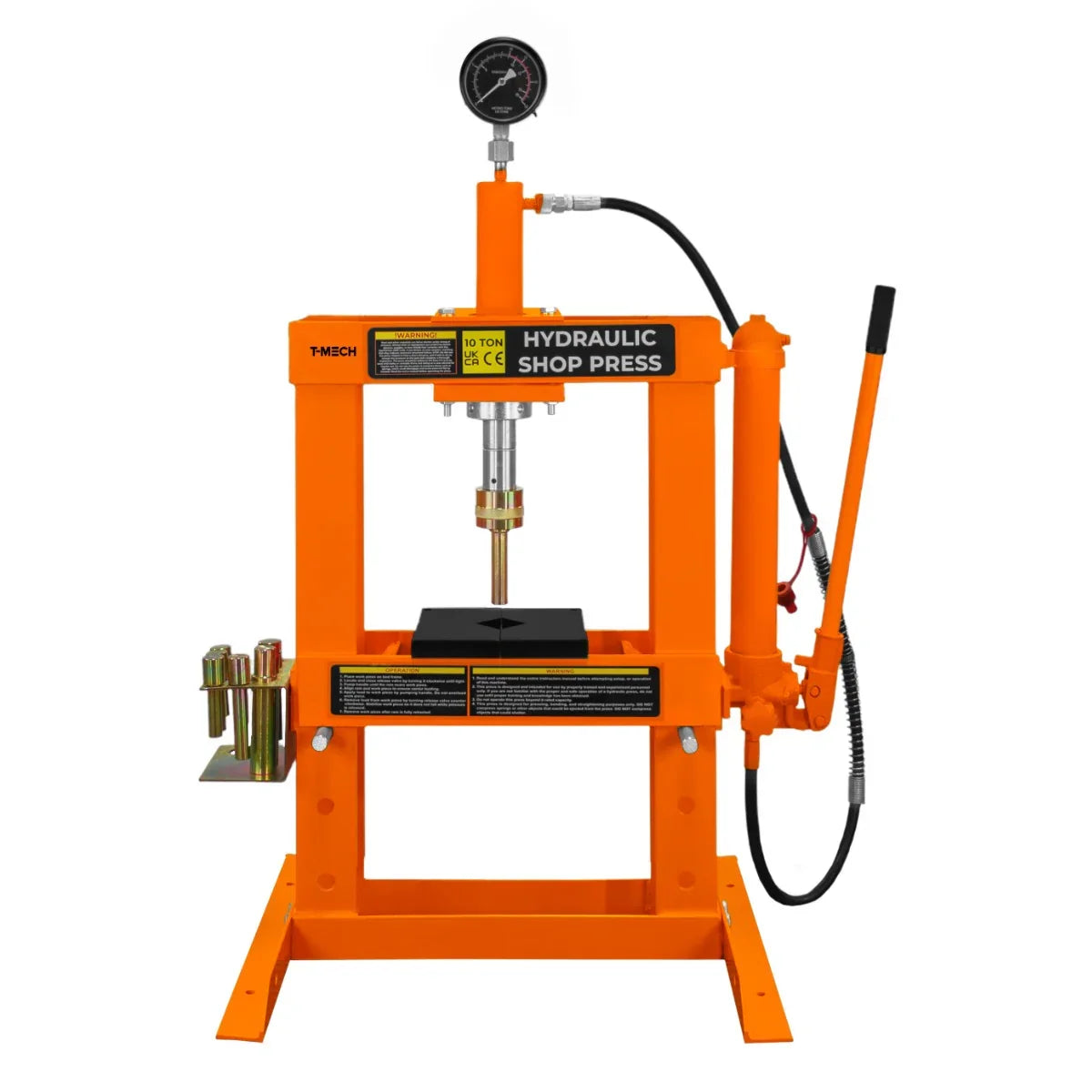 Hydraulic shop press with gauge, 10 tonne capacity, featuring a bright orange frame, sturdy base, and pressure gauge for precision use