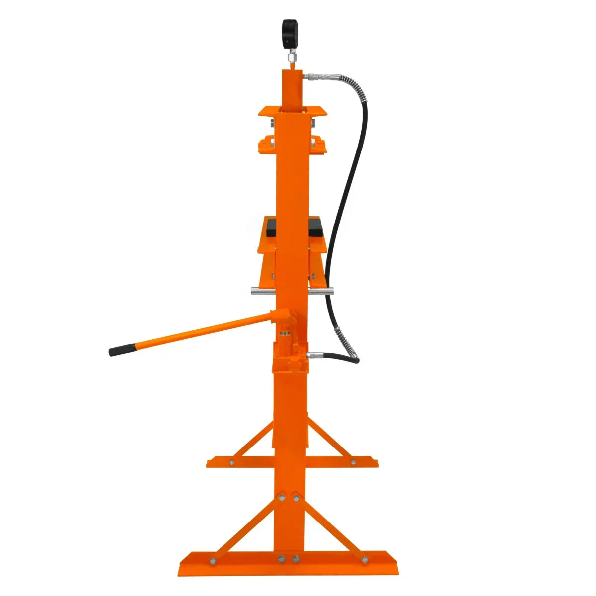 Hydraulic shop press with gauge, 20 tonne capacity, featuring a bright orange frame, sturdy base, and hydraulic lever for easy operation