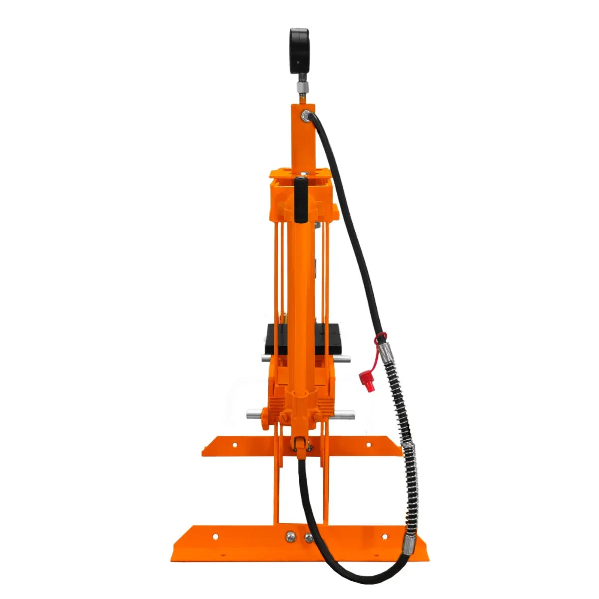 Hydraulic shop press with gauge in bright orange, featuring a sturdy frame, pressure gauge, and adjustable work platform for 10-tonne capacity