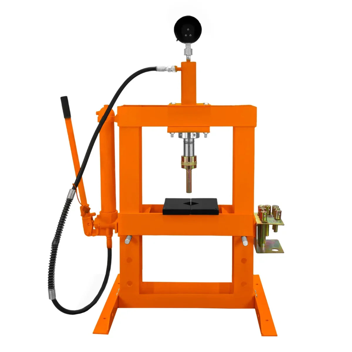 Hydraulic shop press with gauge, featuring a sturdy orange frame, hydraulic pump, and a flat pressing plate for 10-tonne capacity
