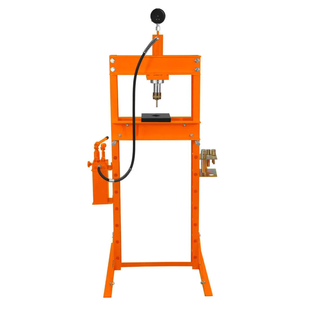 Hydraulic shop press with gauge in bright orange, featuring a sturdy frame, adjustable pressure settings, and a flat pressing plate