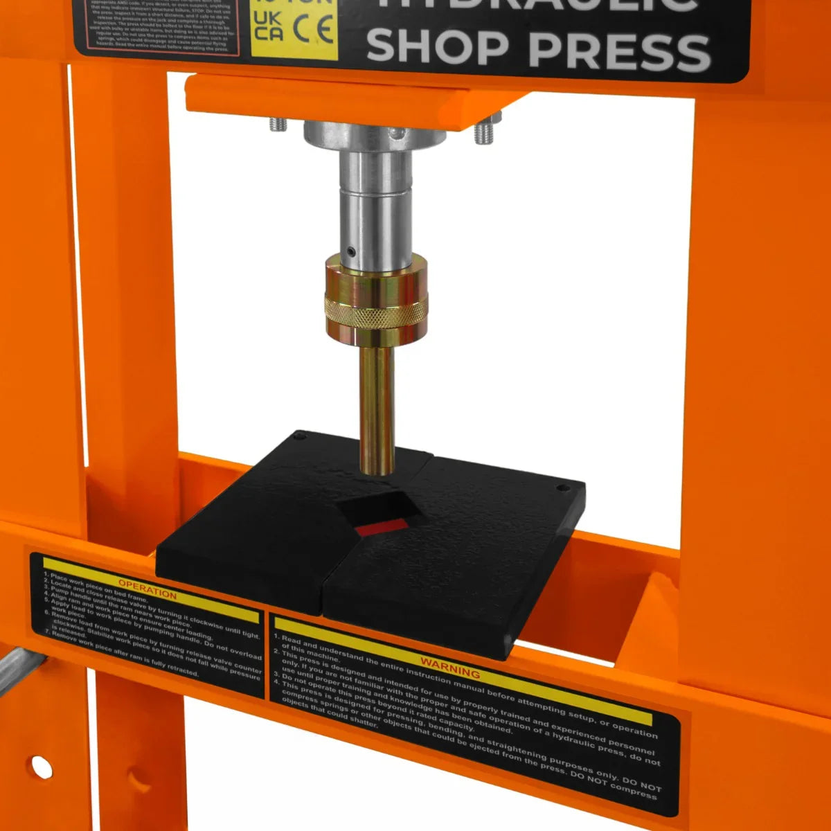 Hydraulic shop press with gauge, featuring a sturdy orange frame, black pressing plate, and adjustable hydraulic cylinder for precision use
