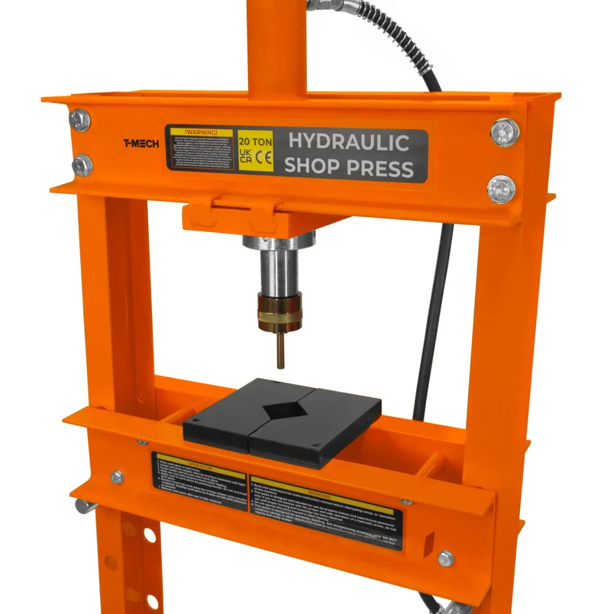Hydraulic shop press with gauge, featuring a sturdy orange frame, metal construction, and a black pressing plate for durability