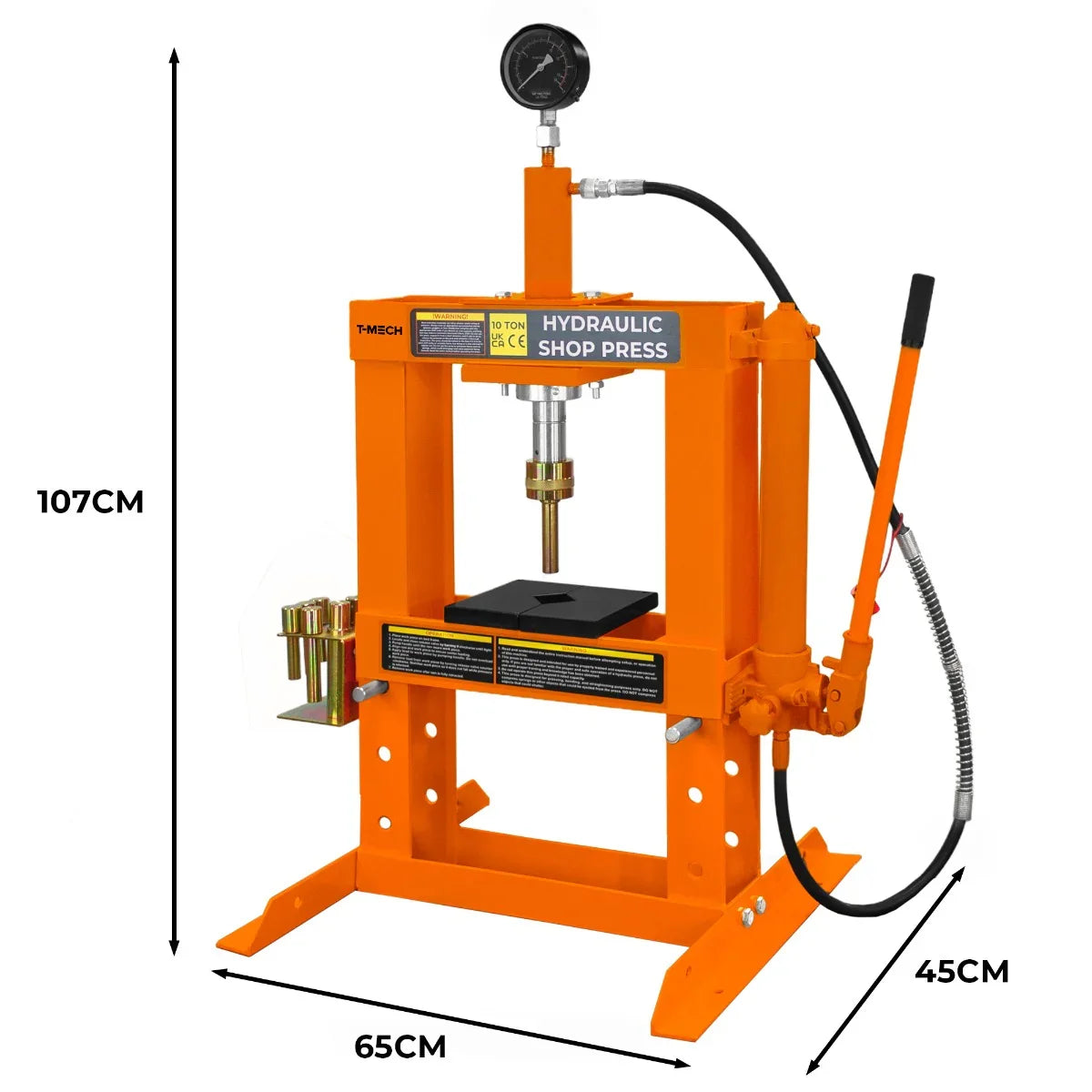 Hydraulic shop press with gauge, 10 tonne capacity, bright orange frame, sturdy steel construction, dimensions 107cm height, 65cm width, 45cm depth