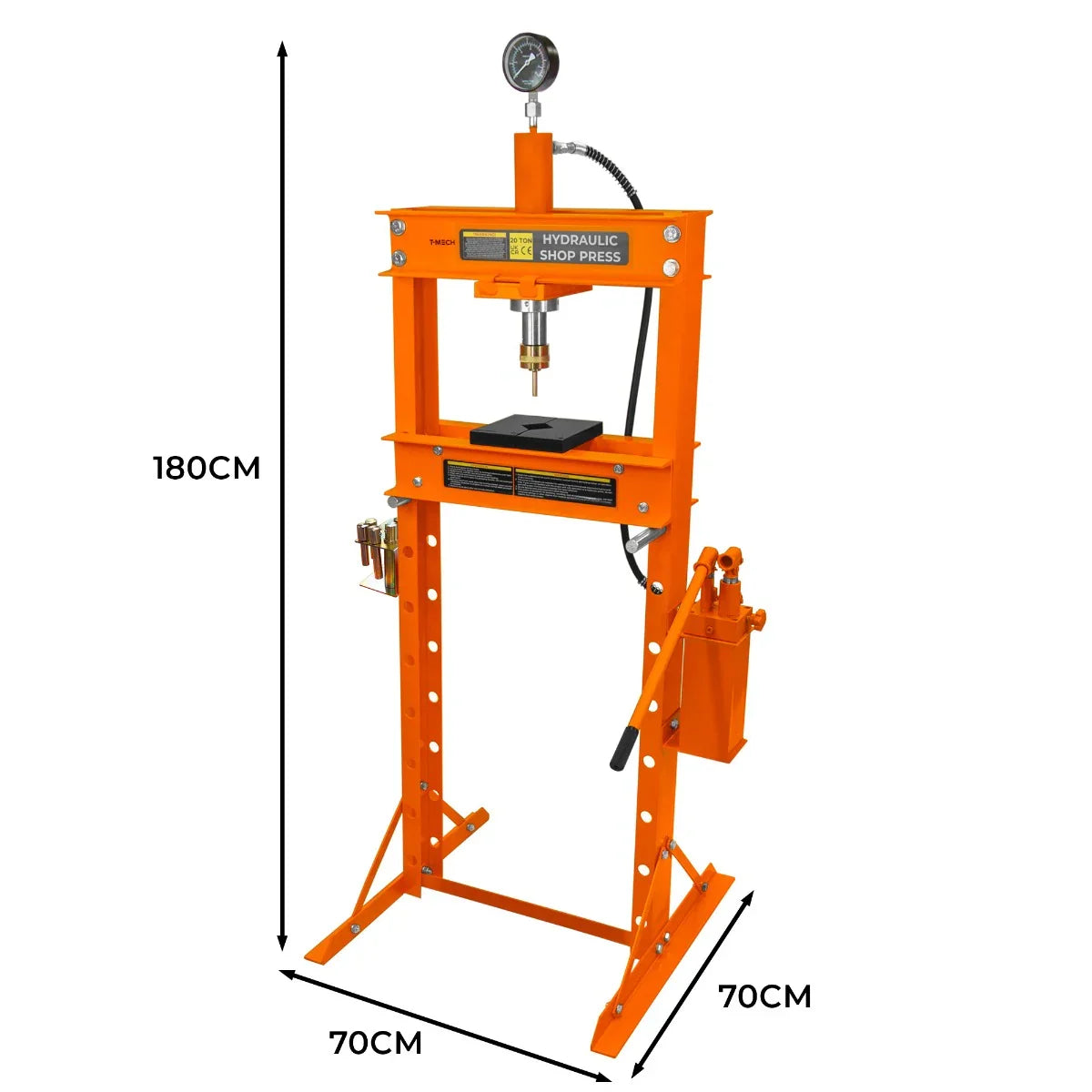 20-tonne hydraulic shop press in bright orange, featuring a pressure gauge, sturdy frame, and adjustable work platform for versatility
