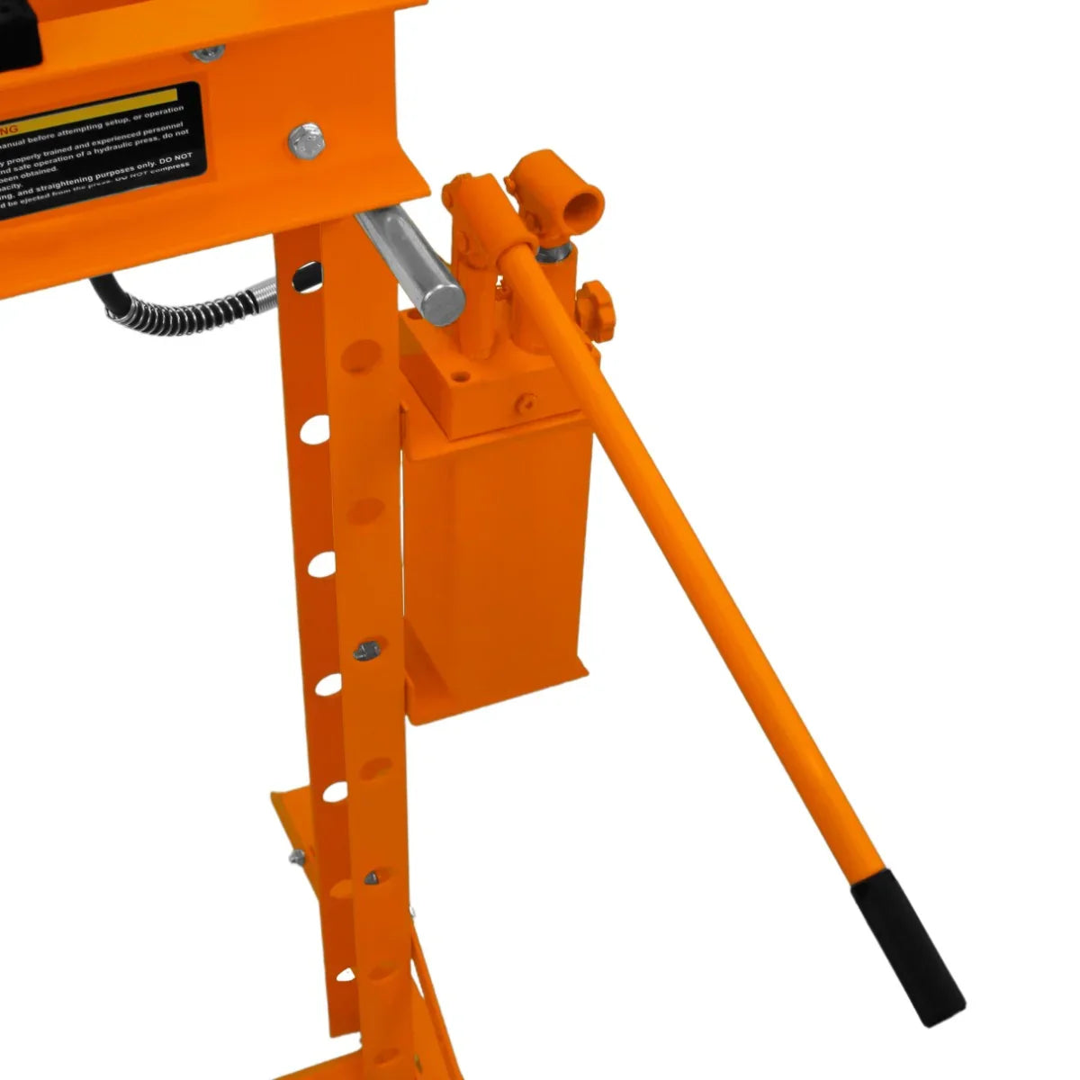 Hydraulic shop press with gauge features a bright orange frame, sturdy metal construction, and a long handle for easy operation