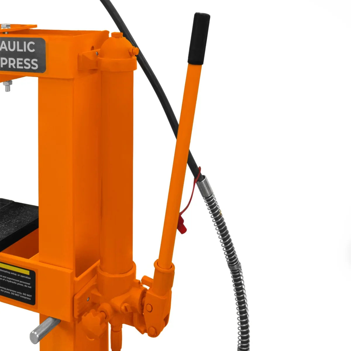 Bright orange hydraulic shop press with gauge, featuring a sturdy frame, lever handle, and flexible hose for precise operation