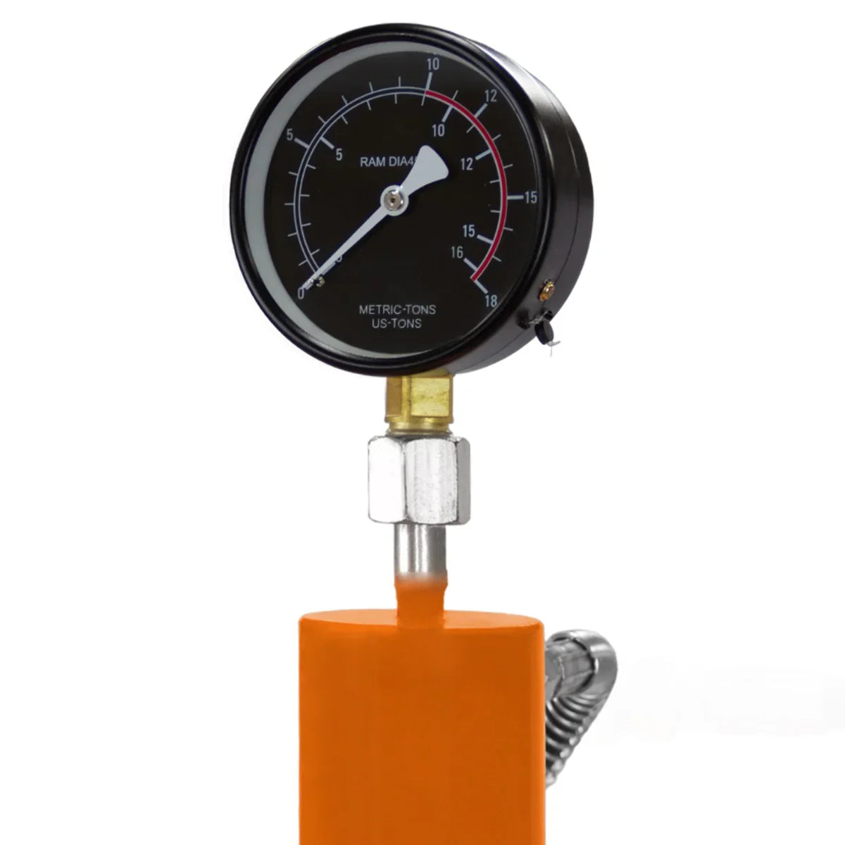 Hydraulic shop press gauge showing pressure levels, featuring a black dial with clear markings and an orange base for visibility