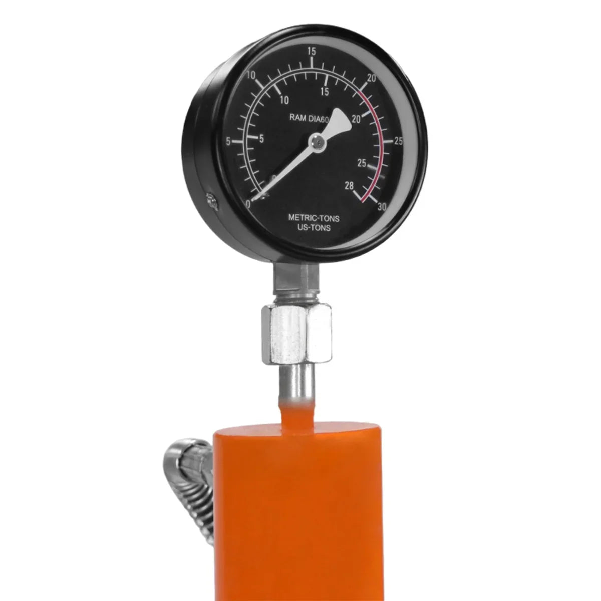 Hydraulic shop press gauge showing pressure readings, featuring a black dial with white markings and an orange body for visibility
