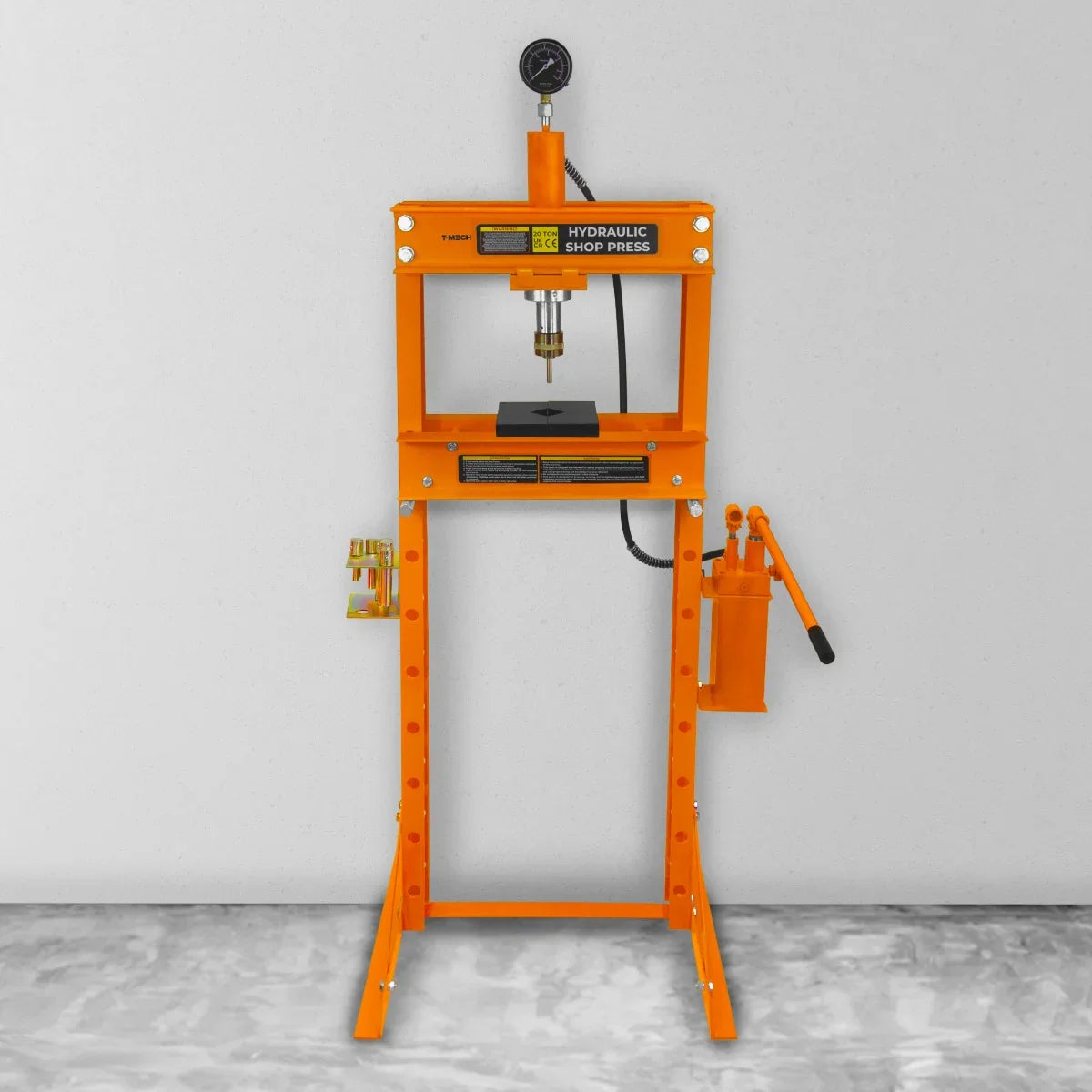 Hydraulic shop press with gauge in bright orange, featuring a sturdy frame, pressure gauge, and adjustable work surface for 20-ton capacity