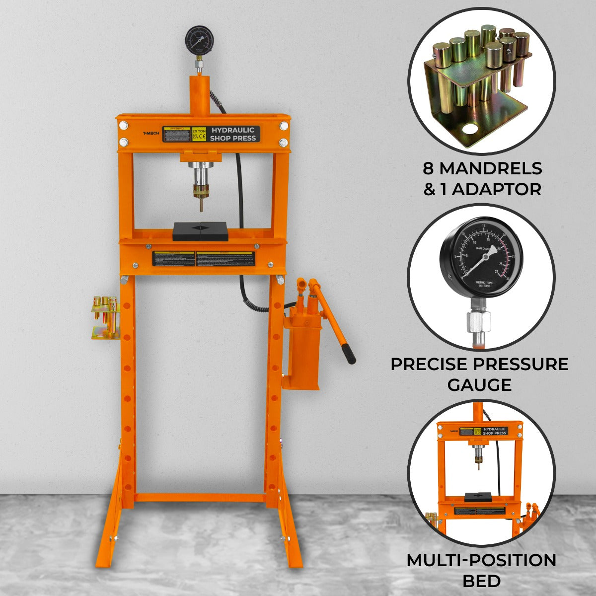 Hydraulic Shop Press with Gauge – 20 Tonne