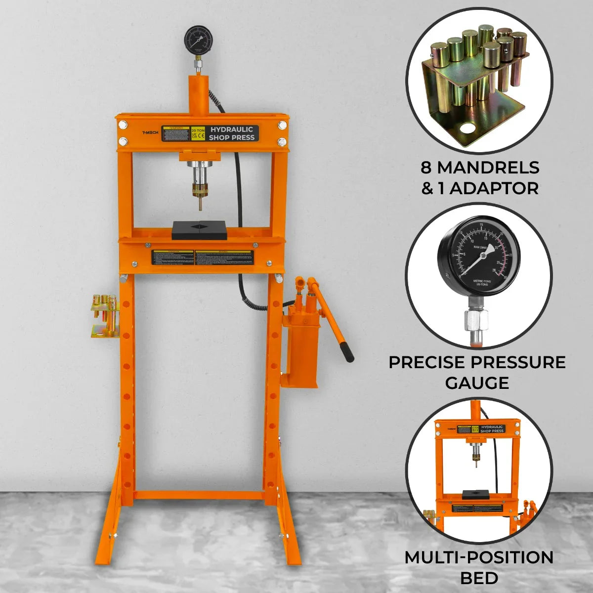 Hydraulic shop press in bright orange with a precise pressure gauge, multi-position bed, and eight mandrels for versatile use