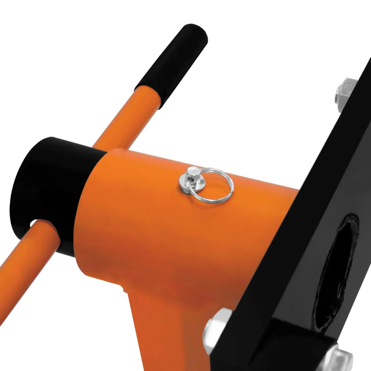 Close-up of T-Mech Folding Engine Stand with a sturdy orange frame, black handle grips, and secure locking pin for stability