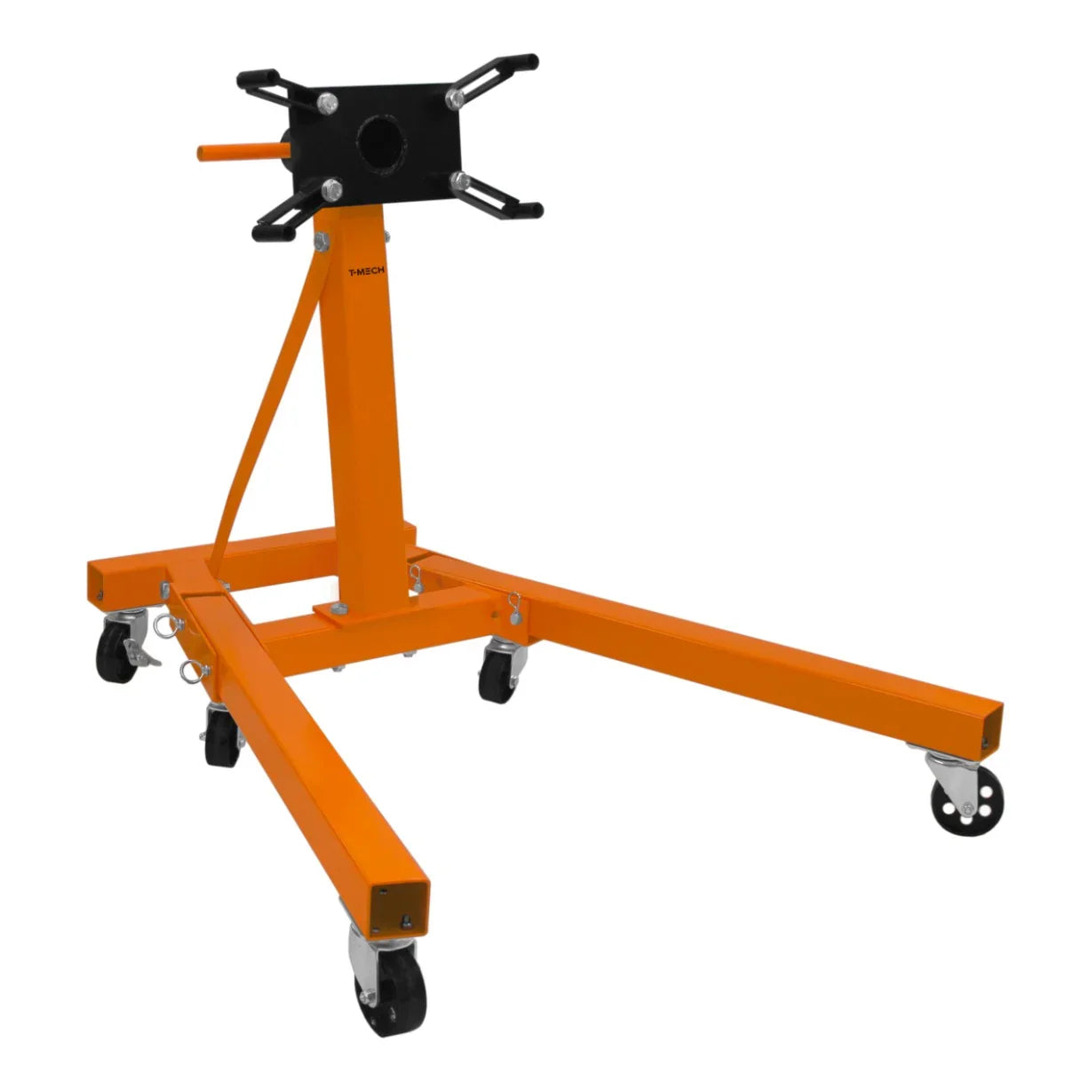 Folding engine stand with a sturdy orange frame, four wheels for mobility, and a black engine mount for secure positioning