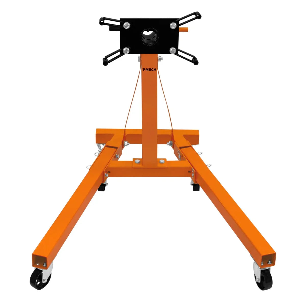 T-Mech Folding Engine Stand in bright orange, featuring a sturdy steel frame, adjustable mount, and four swivel casters for easy mobility