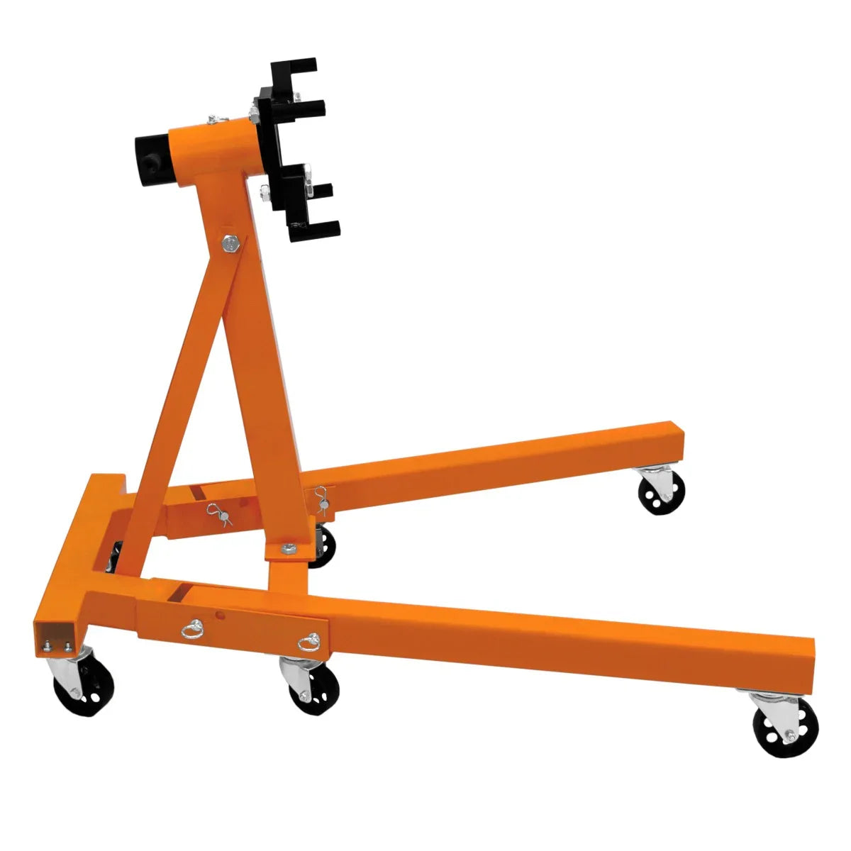 Folding engine stand in bright orange, featuring a sturdy steel frame, adjustable arms, and smooth-rolling wheels for easy maneuverability