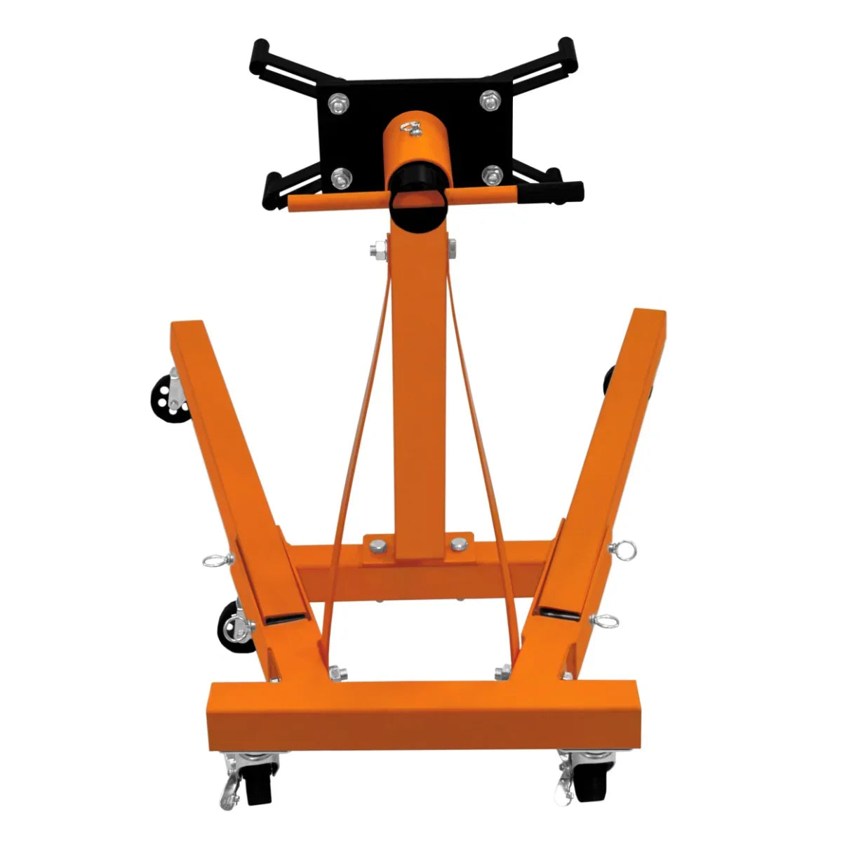 Folding engine stand with a sturdy orange frame, adjustable mounting plate, and four swivel casters for easy mobility and stability
