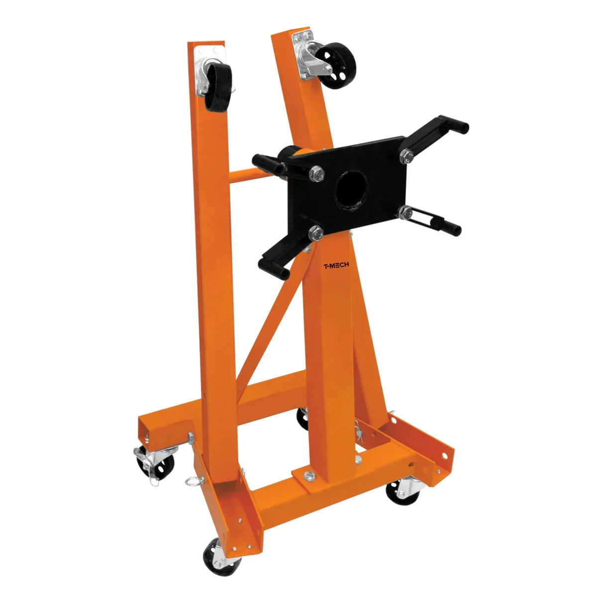 T-Mech Folding Engine Stand in bright orange, featuring a sturdy steel frame, adjustable mounting plate, and smooth-rolling wheels