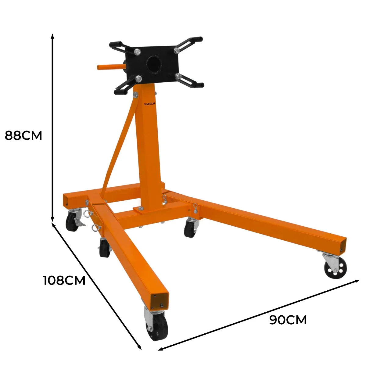 Folding engine stand in bright orange, featuring a sturdy steel frame, adjustable arms, and four swivel caster wheels for easy mobility