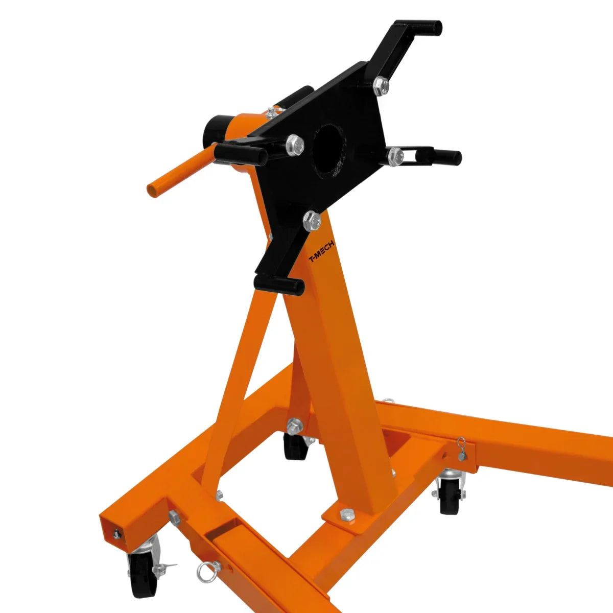 T-Mech Folding Engine Stand in bright orange, featuring a sturdy frame, adjustable support arms, and smooth-rolling wheels for easy maneuverability