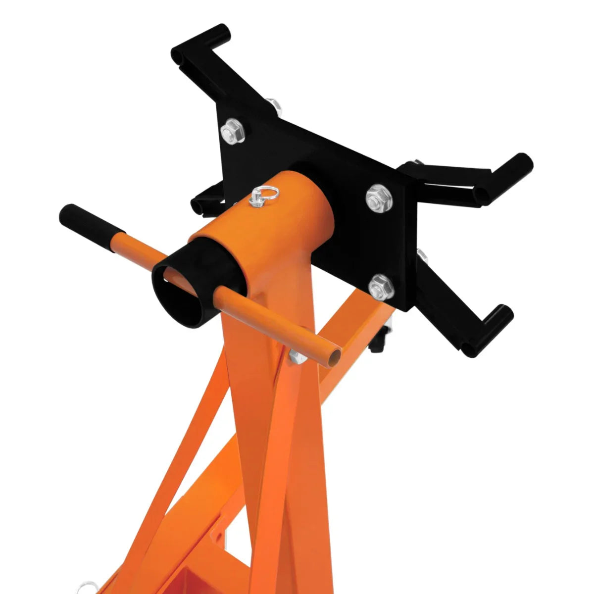 Folding engine stand with a sturdy orange frame, black mounting plate, and adjustable arms for secure engine support, rated for 900kg