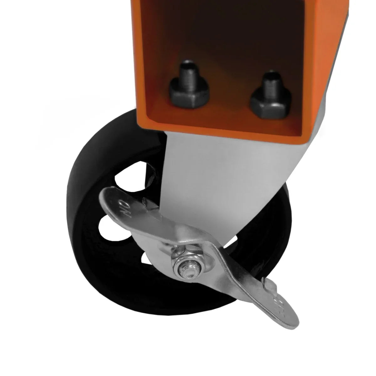 Close-up of T-Mech Folding Engine Stand wheel, featuring a sturdy black rubber tire and a durable silver metal swivel caster for easy mobility