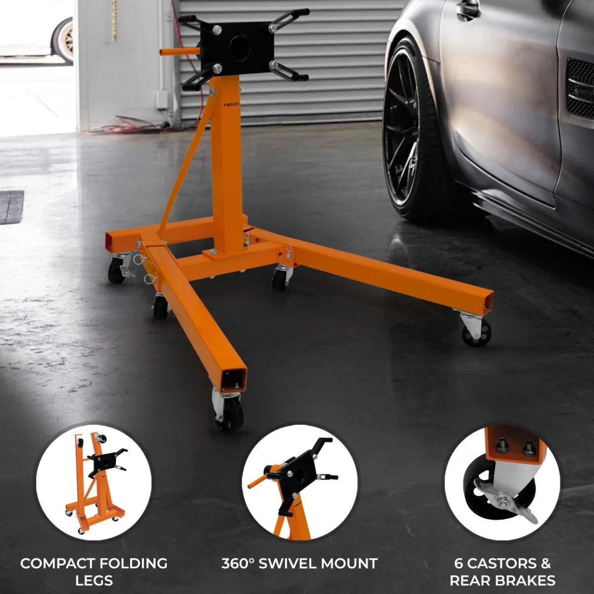 T-Mech Folding Engine Stand 900kg in bright orange, featuring compact folding legs, 360° swivel mount, and six sturdy casters with rear brakes